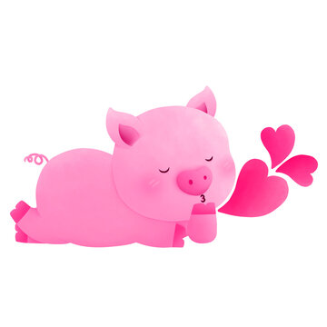 pink pig watercolor painting, pink pig illustration, pink pig clipart, valentines clipart