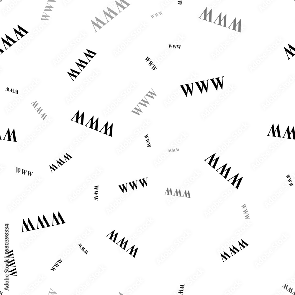 Poster seamless vector pattern with www symbols, creating a creative monochrome background with rotated ele