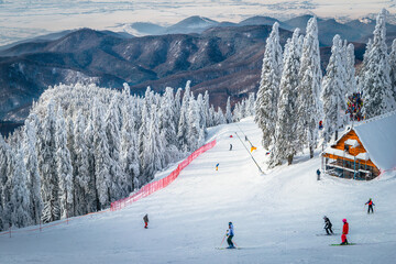 Skiers on the spectacular ski slope, Carpathians, Romania