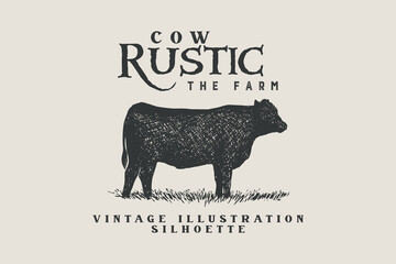 Vector illustration of cow design inspiration with texture, classic retro vintage style - obrazy, fototapety, plakaty