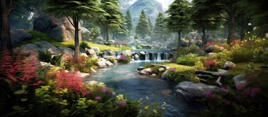 Fototapeta premium lush green forest, a majestic mountain stood tall, providing a stunning background to the vibrant spring garden, filled with colorful flowers and lush plants. The soothing sound of water flowing