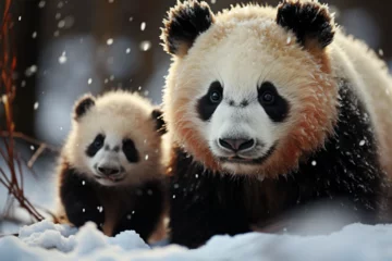 Fototapete mother panda and her cub in the snow © Angah