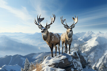 a pair of deer on the top of a mountain