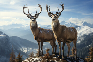 a pair of deer on the top of a mountain