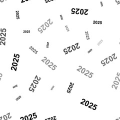 Seamless vector pattern with 2025 year symbols, creating a creative monochrome background with rotated elements. Illustration on transparent background