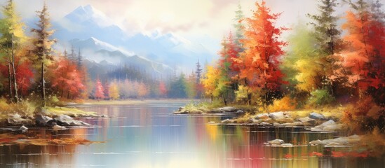 tranquil forest, the autumn breeze rustles through the colorful leaves, as the trees stand tall, painting the landscape with their natural, vibrant hues, creating a romantic and picturesque scene. The