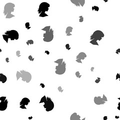 Seamless vector pattern with woman face profile symbols, creating a creative monochrome background with rotated elements. Illustration on transparent background