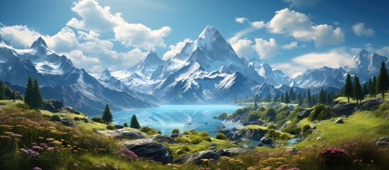 Obraz premium background of a picturesque summer landscape, the stunning beauty of nature unfolds as the majestic mountains meet the tranquil lake in perfect harmony.