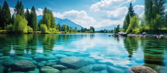 The clear blue water of the river reflecting the beautiful sky above creates a stunning landscape amidst the breathtaking nature of the outdoors. - obrazy, fototapety, plakaty