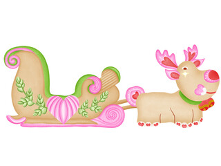 cartoon santa claus and his flying sleigh sled and christmas reindeer