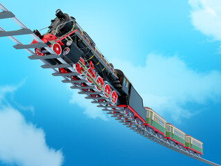 old steam train with wagons in fantasy clouds
