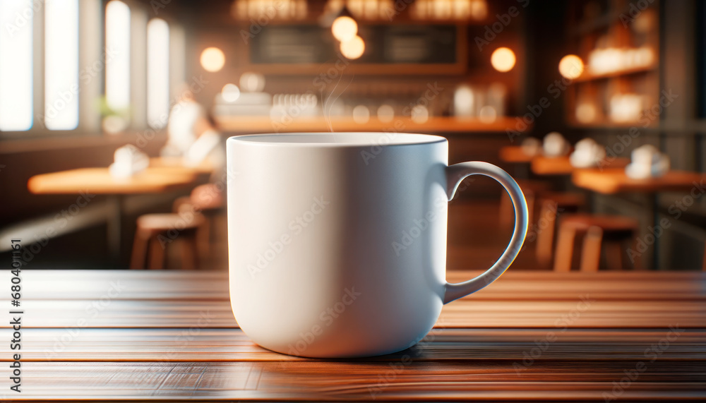 Poster close-up of a coffee mug with a steaming hot beverage in a cozy cafe. generative ai