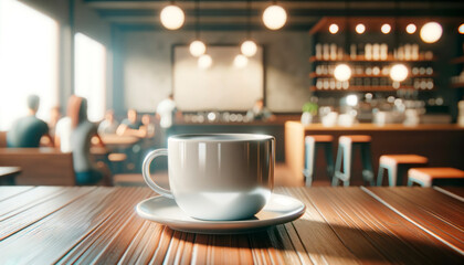 Warm coffee cup on wooden cafe table with soft background lighting. Generative AI