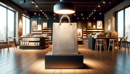 Shopping bag under spotlight in a modern boutique interior. Retail and presentation concept. Generative AI