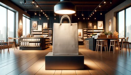 Fotobehang Shopping bag under spotlight in a modern boutique interior. Retail and presentation concept. Generative AI © Who is Danny