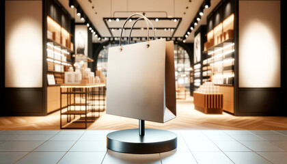 Shopping bag on stand with warm illuminated boutique background. Retail and design concept. Generative AI - obrazy, fototapety, plakaty