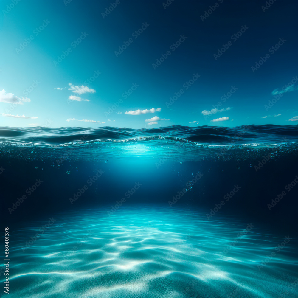 Poster Submerged view with sunrays and gentle waves. Serene underwater background. Calmness concept. Generative AI