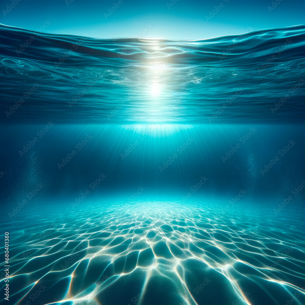 Poster underwater view with sunlight piercing through the water surface. oceanic background. generative ai