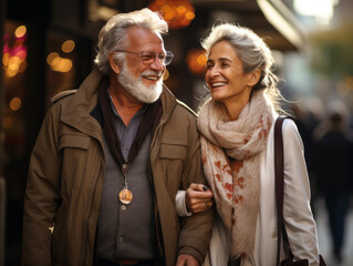 Obraz premium Elderly couple enjoying a romantic stroll in city twilight. Generative AI