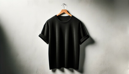 Black t-shirt mockup on hanger with textured wall backdrop. Clothing design showcase. Generative AI