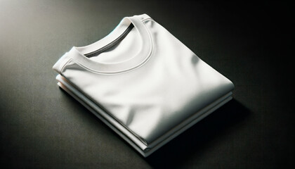 Folded white t-shirt on dark textured background, highlighting the fabric quality. Generative AI