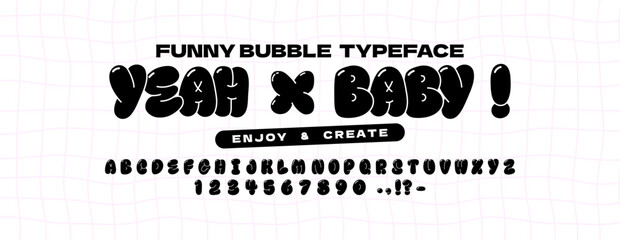 Bubble abstract shapes alphabet font. Funky balloon organic typeface in trendy retro y2k style.