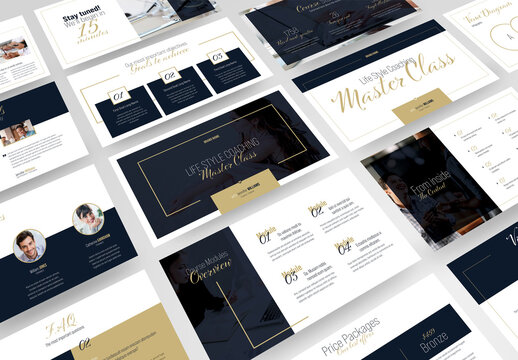 Coaching Presentation Slide Deck Layout with Blue and Gold Accents