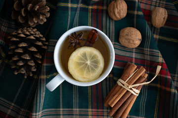 Cup of aromatic, warm tea with lemon, cinnamon sticks, and star anise. Hot, spicy autumn or winter tea. Flat lay, top view composition on a cozy tartan plaid fabric pattern. - obrazy, fototapety, plakaty