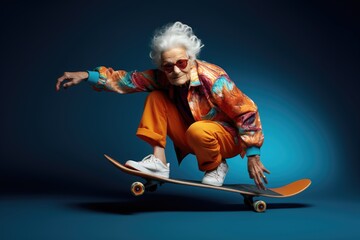une femme âgée aux cheveux gris faisant du skateboard, adoptant une posture dynamique et active. - obrazy, fototapety, plakaty