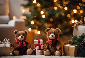 Teddy bears toys with gift boxes under a Christmas tree - generative ai. Merry Christmas and Happy New Year!