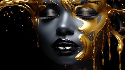 Portrait graphique femme noir avec peinture or qui coule sur le visage