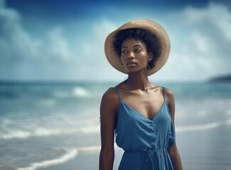 Happy woman in summer dress standing near sea