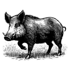 Wild boar drawn in hand sketch on an isolated background. Engraved drawing. Black and white style. Ideal for card, book, poster, banner. Full height. Vector illustration Vintage monochrome style