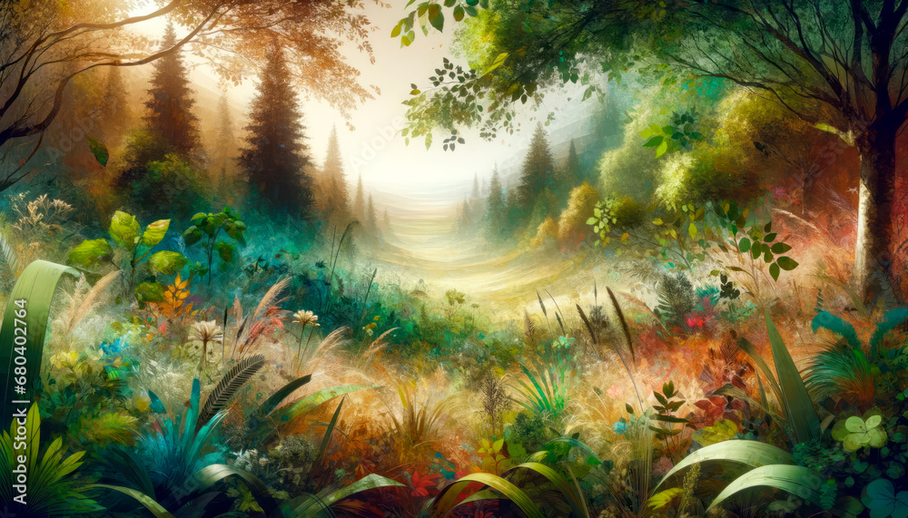Poster mystical forest clearing with vibrant, surreal colors and dreamy atmosphere. nature's enchantment co