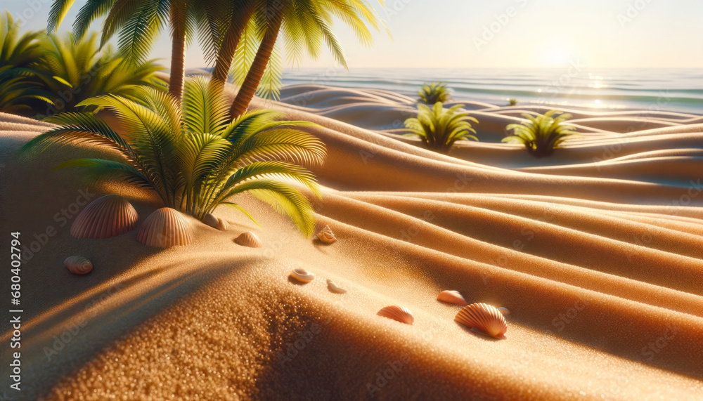 Poster Sunrise on a serene beach with seashells and gentle palm shadows. Relaxation concept. Generative AI
