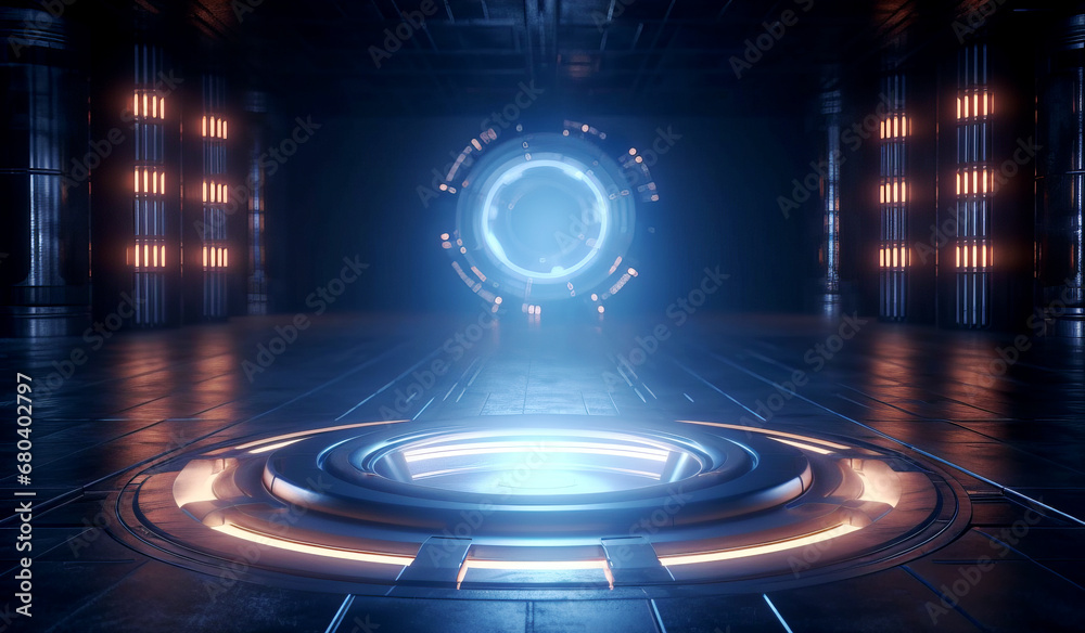 Poster illuminated futuristic portal in a sci-fi hallway. technology concept on dark background. generative