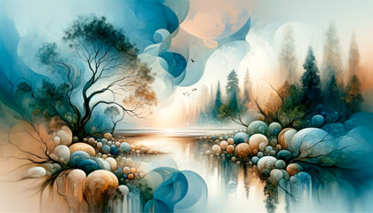 Fantasy landscape with swirling patterns and vibrant colors. Artistic creativity concept. Generative AI