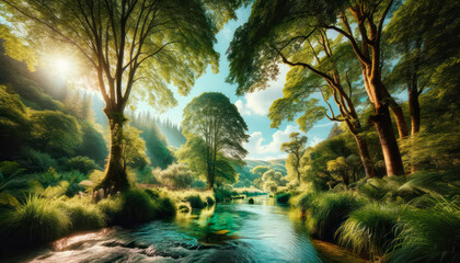 Sunny river flowing through a lush forest with light piercing the canopy. Tranquil nature scene. Generative AI