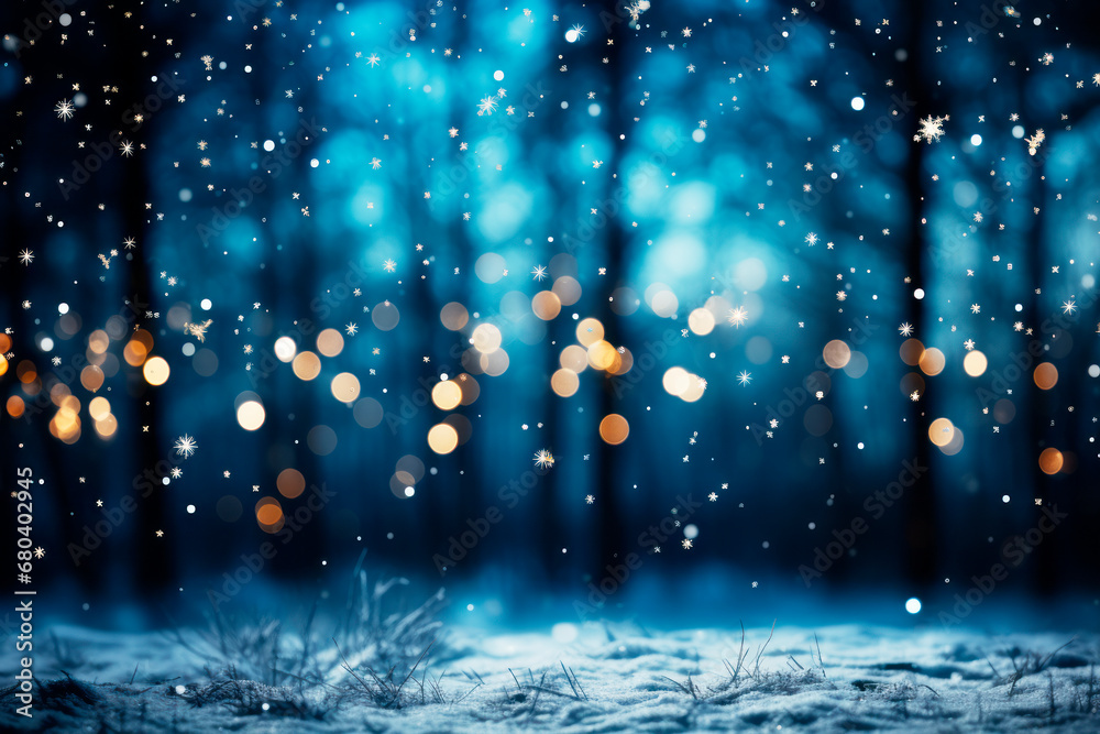 Poster winter forest with snow and bokeh lights. christmas background. generative ai