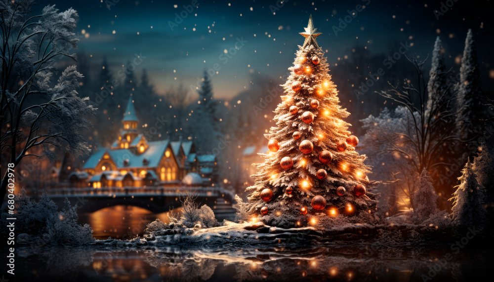 Poster christmas and new year holidays background. christmas tree on a background of winter forest and brid