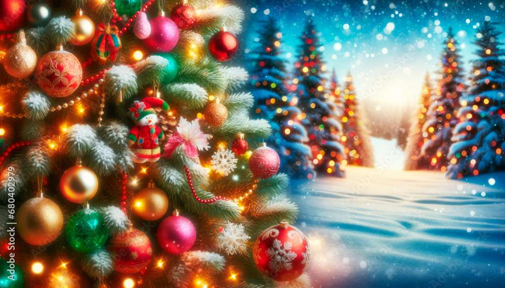 Poster christmas background with christmas tree, snowflakes and colorful lights. generative ai