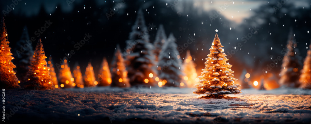 Poster fir trees covered with snow in winter forest at night. christmas background. generative ai