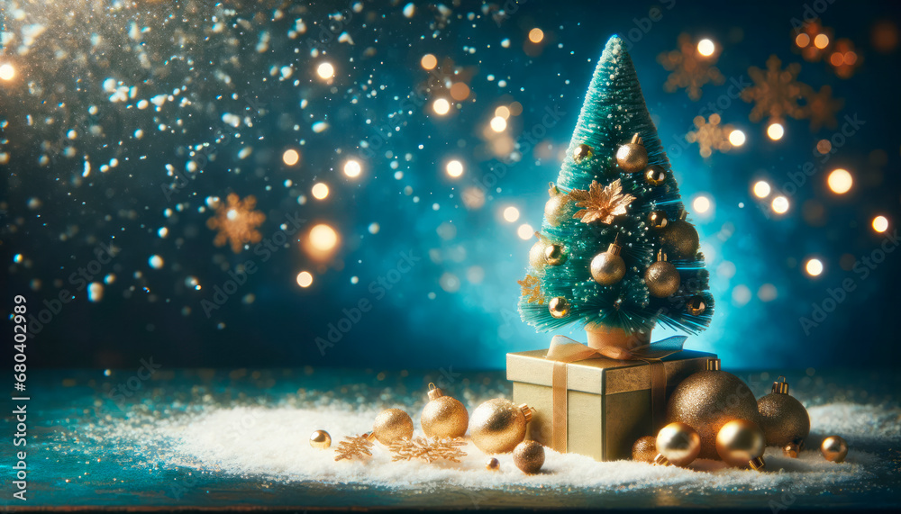 Poster christmas greeting card with gift box and christmas tree on snow. copy space. generative ai