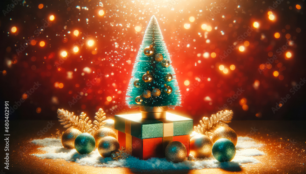 Poster Christmas tree and gift box on snow with colorful bokeh background. Generative AI