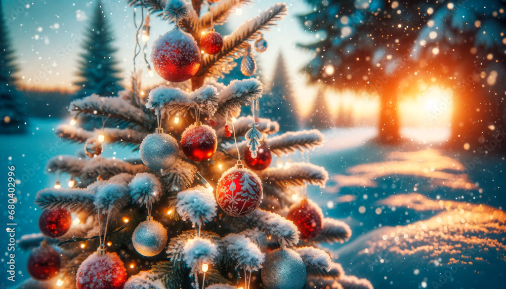 Poster Christmas tree with red baubles and lights on a background of winter forest. Generative AI