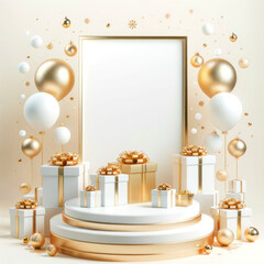 Podium with white and golden balloons, gift boxes and confetti. Generative AI