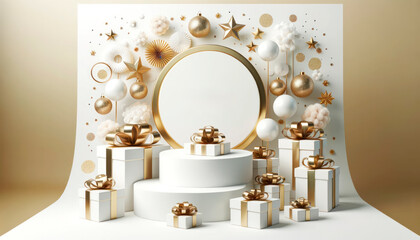 Abstract background, podium for product display, blank round frame, christmas decoration. Generative AI