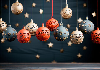 Elegant Christmas baubles with filigree designs on dark. Generative AI