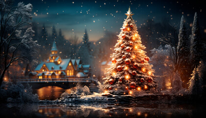 Christmas and New Year holidays background. Christmas tree on a background of winter forest and bridge. Generative AI