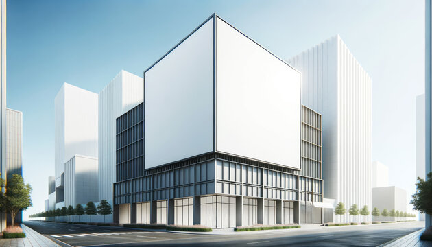Minimalist building facade with large blank billboard mockup. Clear sky, urban architecture concept. Generative AI